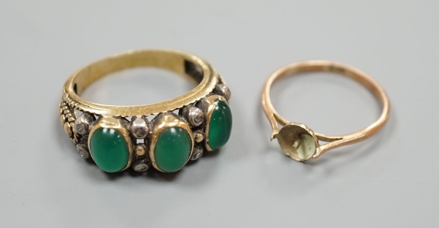 A Portuguese yellow metal, chrysoprase and diamond chip set half hoop dress ring, size L, gross 4.6 grams and a 9ct shank, 0.9 grams.